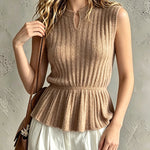 ElevenOra Chic Elegant Camel Notched Round-Neck Sleeveless Elastic-Waist Ruffle-Hem Ribbed Knit Vest Top