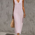 ElevenOra Chic Elegant Pink V-Neck Frayed Raw Edge Sleeveless Loose-Fit Knit Maxi Dress