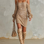 ElevenOra Chic Elegant Camel Spaghetti Straps Cold-Shoulder Square-Neck Sequin Detail Long-Lantern-Sleeve Knit Mini Dress