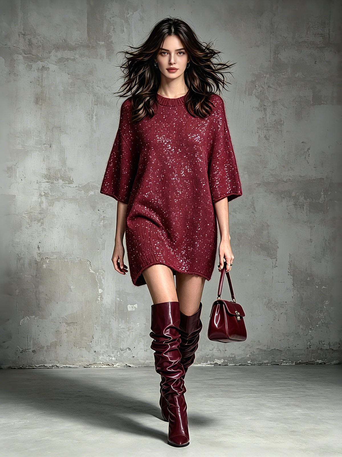 ElevenOra Chic Elegant Burgundy Cotton Blend Round-Neck Sequin Detail Half-Sleeve Loose-Fit Soft Knit Mini Dress