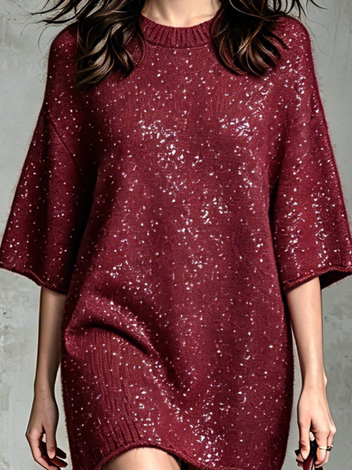 ElevenOra Chic Elegant Burgundy Cotton Blend Round-Neck Sequin Detail Half-Sleeve Loose-Fit Soft Knit Mini Dress