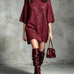 ElevenOra Chic Elegant Burgundy Cotton Blend Round-Neck Sequin Detail Half-Sleeve Loose-Fit Soft Knit Mini Dress