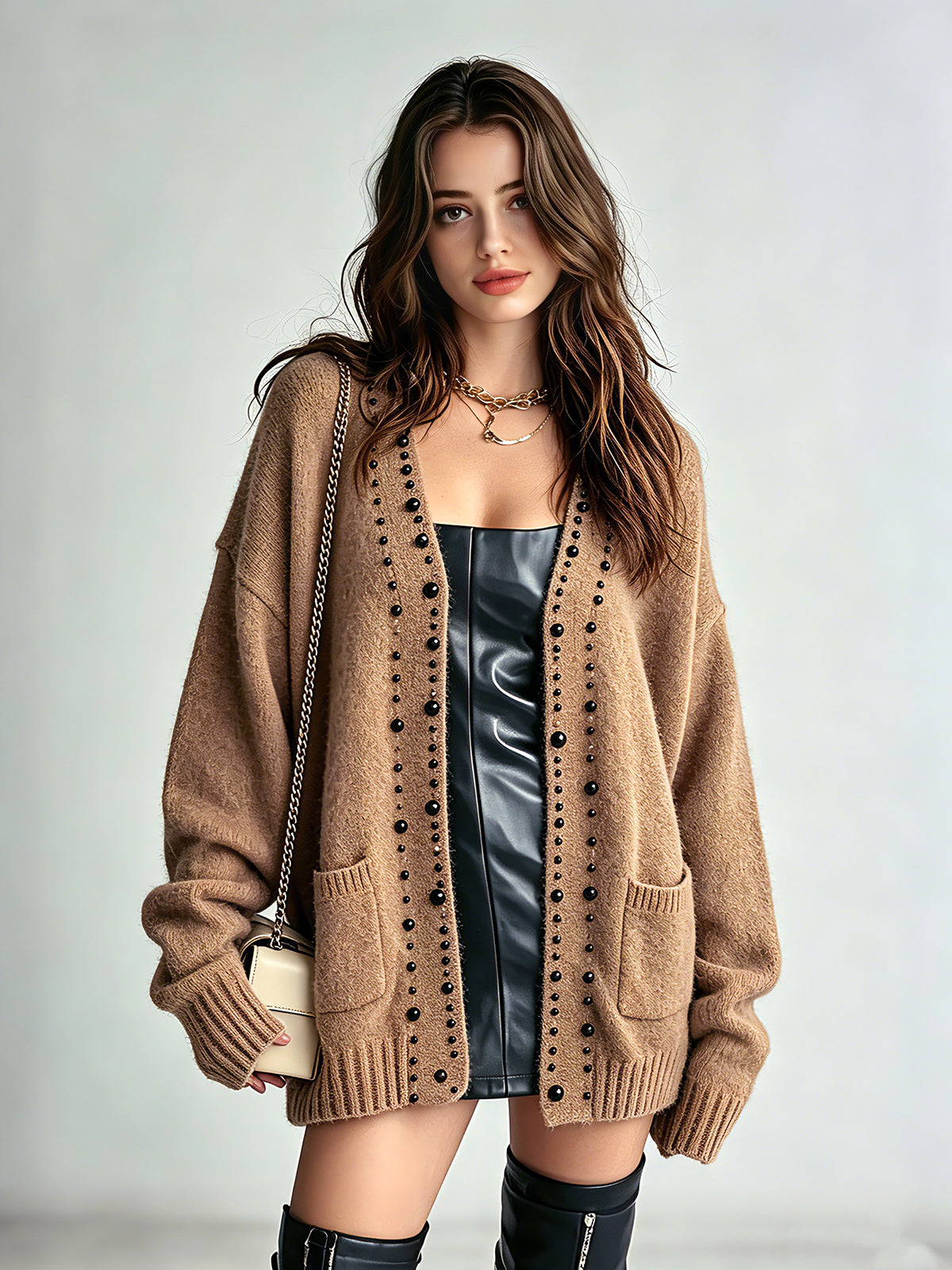 ElevenOra Chic Elegant Camel Cotton Blend Beading Detail Dropped Shoulder Long-Sleeve Patch Pockets Loose-Fit Soft Knit Cardigan