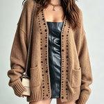 ElevenOra Chic Elegant Camel Cotton Blend Beading Detail Dropped Shoulder Long-Sleeve Patch Pockets Loose-Fit Soft Knit Cardigan