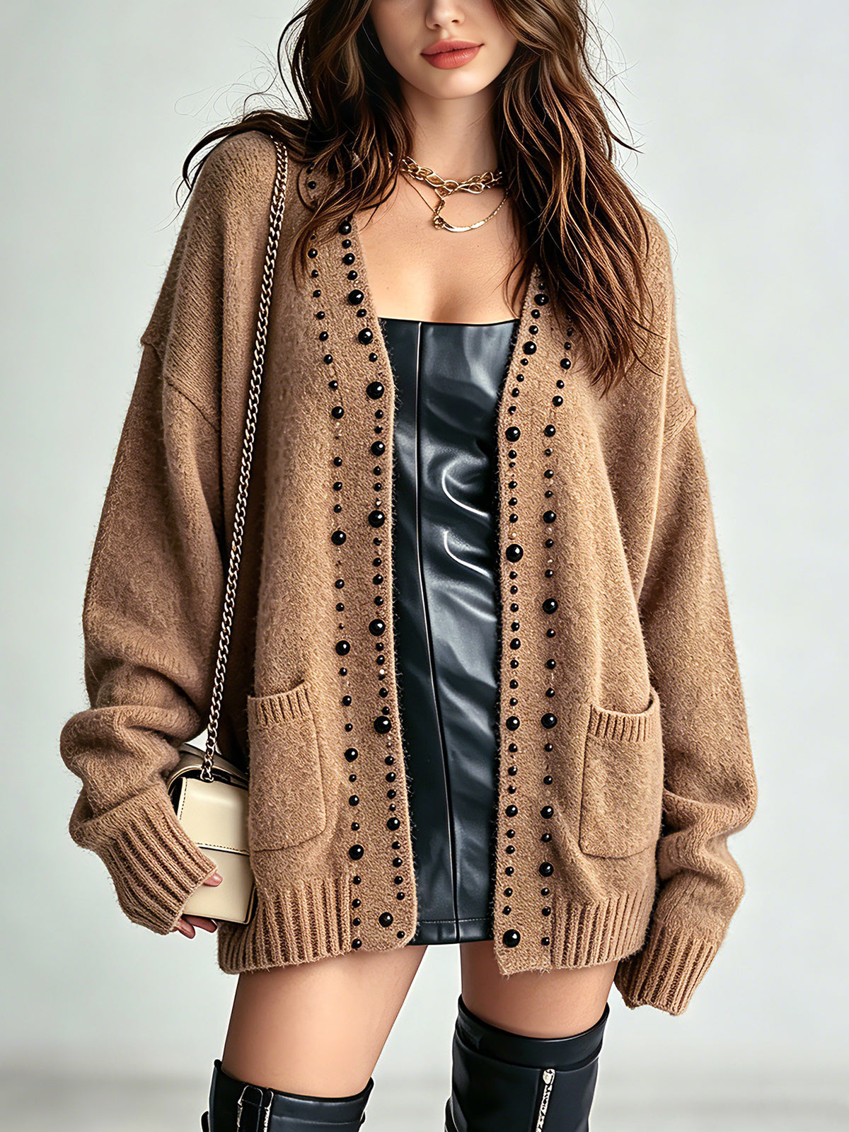 ElevenOra Chic Elegant Camel Cotton Blend Beading Detail Dropped Shoulder Long-Sleeve Patch Pockets Loose-Fit Soft Knit Cardigan