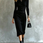 ElevenOra Chic Elegant Black Round-Neck Long-Sleeve Decorative Buttos Tailored-Waist Slim-Fit Soft Ribbed Knit Midi Dress