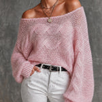 ElevenOra Chic Romantic Pink Off-Shoulder Long Balloon Sleeve Loose-Fit Cable Knit Sweater Top