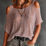 ElevenOra Chic Casual Dusty Pink Round Neck Cold Shoulder Half Sleeve Loose-Fit Hollow Open Knit Sweater Top