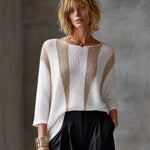 ElevenOra Chic Elegant White-Gold Colorblock Boat Neck Three-Quarter Sleeve Loose-Fit Knit Sweater Top