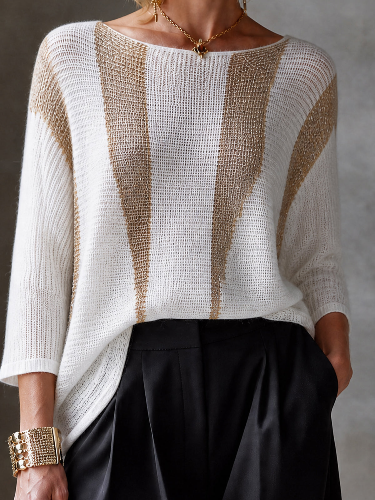 ElevenOra Chic Elegant White-Gold Colorblock Boat Neck Three-Quarter Sleeve Loose-Fit Knit Sweater Top