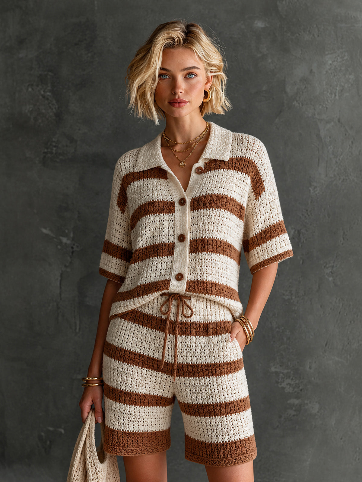 ElevenOra Chic Cream-Brown Colorblock Stripes Lapel Collar Single-Breasted Half Sleeve Loose-Fit Sweater Drawstring Detail Straight Shorts Knit Two Piece Set