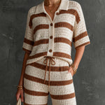 ElevenOra Chic Cream-Brown Colorblock Stripes Lapel Collar Single-Breasted Half Sleeve Loose-Fit Sweater Drawstring Detail Straight Shorts Knit Two Piece Set