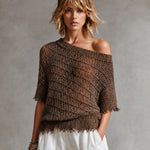 ElevenOra Chic Brown Off-Shoulder Frayed Edge Detail Half Sleeve Loose-Fit Mesh Knit Sweater Top