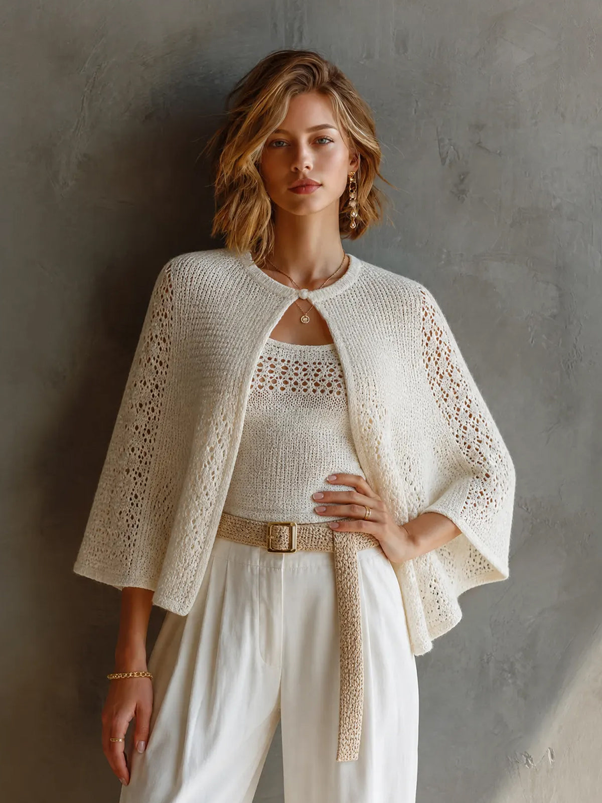 ElevenOra Chic Elegant White Round Neck Three-Quarter Cape Sleeve Loose-Fit Sweater U-Neck Tank Top Hollow Knit Two Piece Set