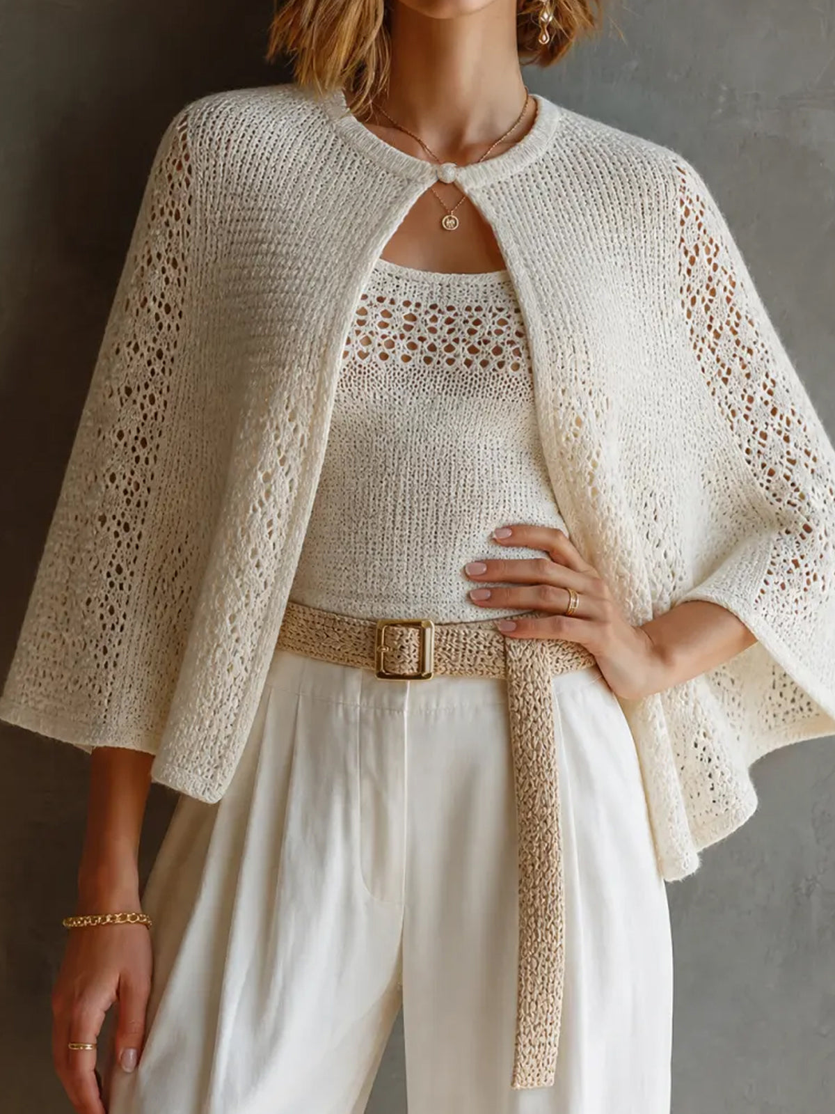 ElevenOra Chic Elegant White Round Neck Three-Quarter Cape Sleeve Loose-Fit Sweater U-Neck Tank Top Hollow Knit Two Piece Set