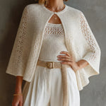 ElevenOra Chic Elegant White Round Neck Three-Quarter Cape Sleeve Loose-Fit Sweater U-Neck Tank Top Hollow Knit Two Piece Set