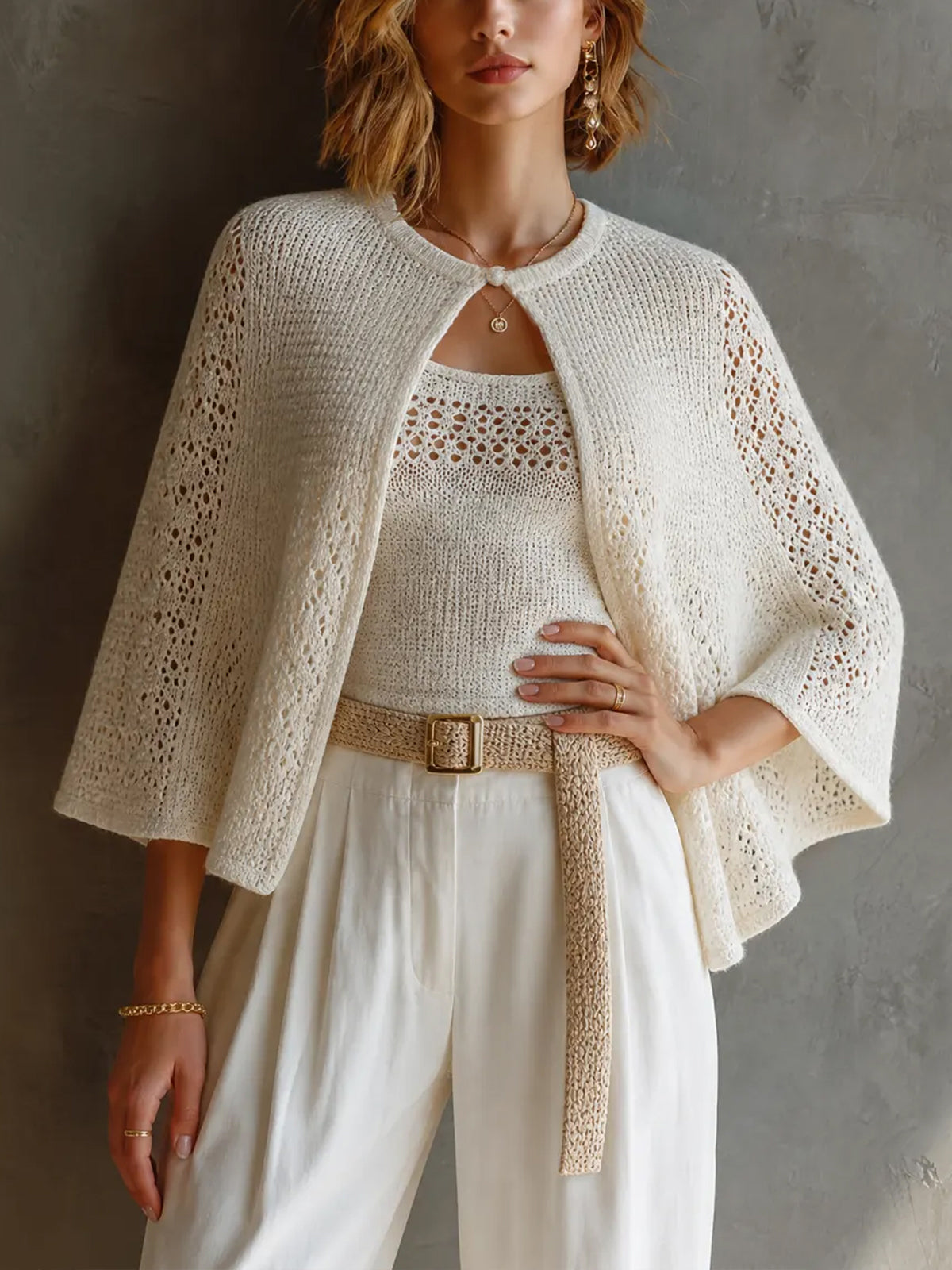ElevenOra Chic Elegant White Round Neck Three-Quarter Cape Sleeve Loose-Fit Sweater U-Neck Tank Top Hollow Knit Two Piece Set