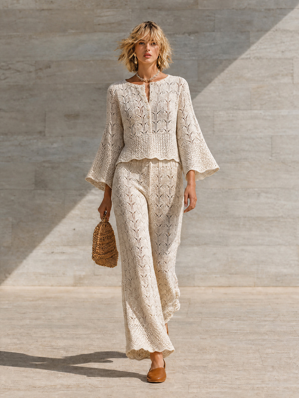 ElevenOra Chic Elegant Cream Round Neck Button Detail Three-Quarter Bell Sleeve Loose-Fit Sweater Wide Leg Trousers Mesh Knit Two Piece Pants Set
