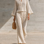 ElevenOra Chic Elegant Cream Round Neck Button Detail Three-Quarter Bell Sleeve Loose-Fit Sweater Wide Leg Trousers Mesh Knit Two Piece Pants Set