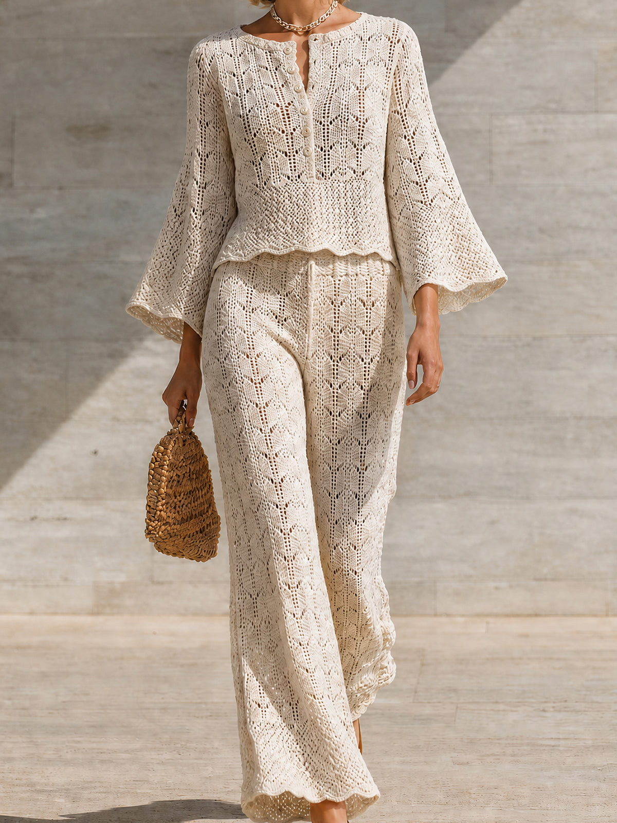 ElevenOra Chic Elegant Cream Round Neck Button Detail Three-Quarter Bell Sleeve Loose-Fit Sweater Wide Leg Trousers Mesh Knit Two Piece Pants Set