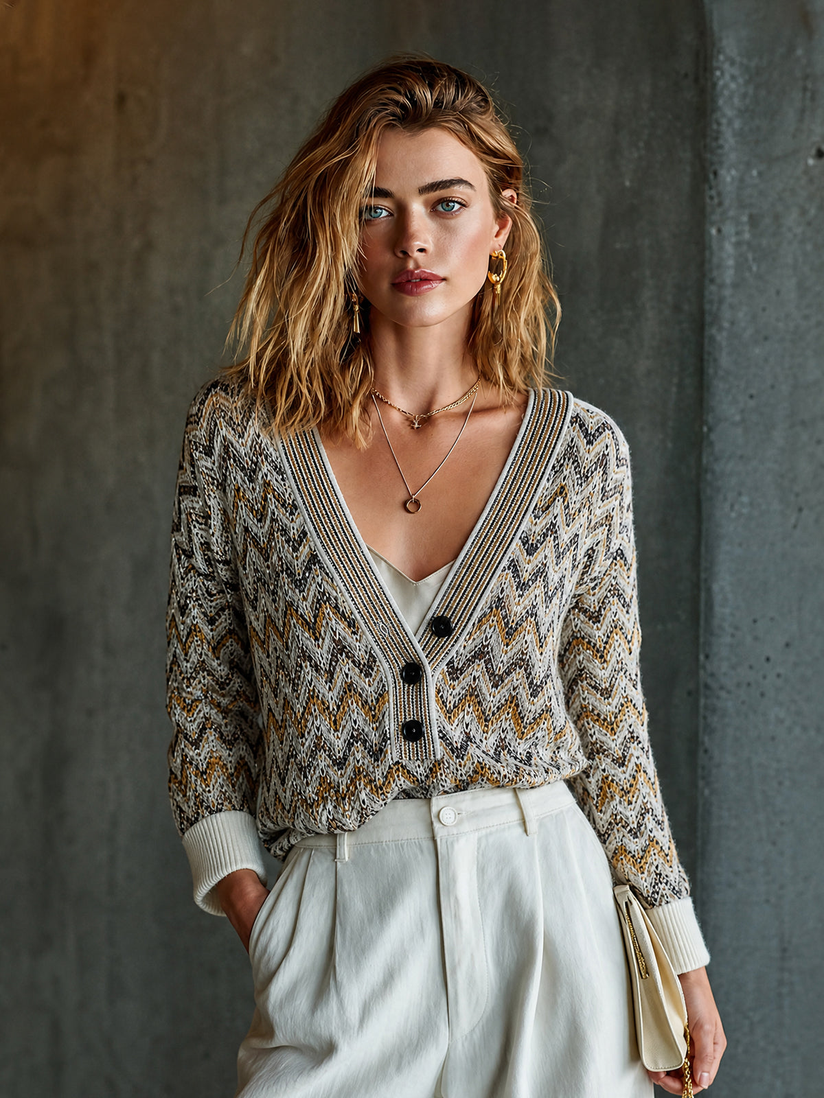 ElevenOra Chic Retro White-Brown-Yellow Colorblock V-Neck Button Detail Three-Quarter Sleeve Chevron Jacquard Loose-Fit Knit Sweater Top