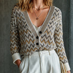 ElevenOra Chic Retro White-Brown-Yellow Colorblock V-Neck Button Detail Three-Quarter Sleeve Chevron Jacquard Loose-Fit Knit Sweater Top