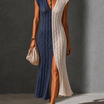 ElevenOra Chic Elegant Navy-Cream Colorblock V-Neck Sleeveless Split Detail Slim-Fit Hollow Knit Maxi Dress