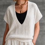 ElevenOra Chic Casual Off-White V-Neck Batwing Half Sleeve Loose-Fit Knit Sweater Top