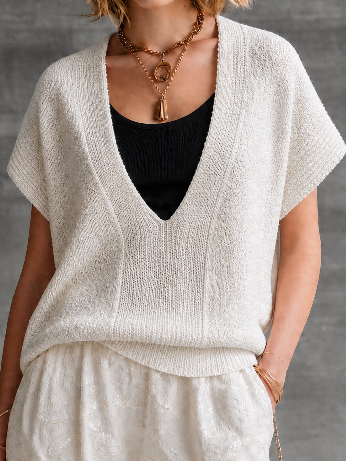 ElevenOra Chic Casual Off-White V-Neck Batwing Half Sleeve Loose-Fit Knit Sweater Top