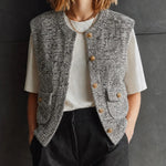 ElevenOra Chic Casual Marled Gray Round Neck Single-Breasted Pocket Detail Sleeveless Loose-Fit Knit Cardigan Top