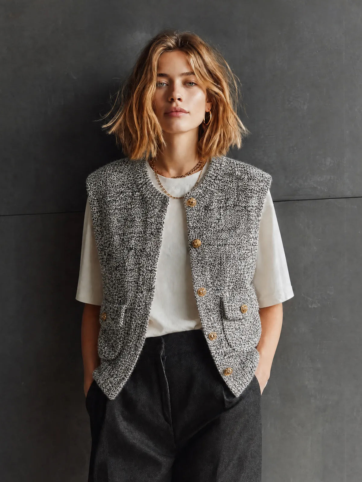 ElevenOra Chic Casual Marled Gray Round Neck Single-Breasted Pocket Detail Sleeveless Loose-Fit Knit Cardigan Top