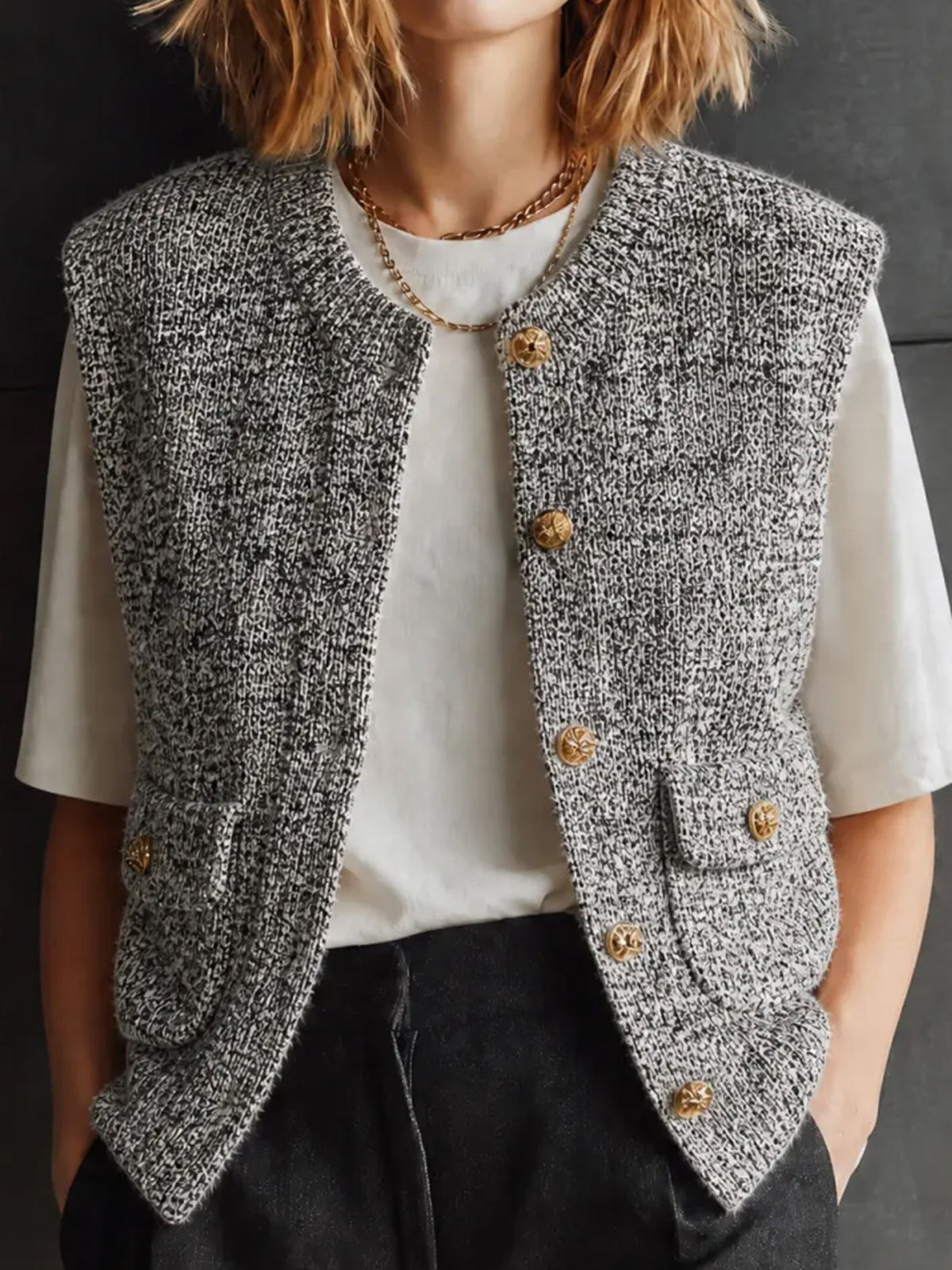 ElevenOra Chic Casual Marled Gray Round Neck Single-Breasted Pocket Detail Sleeveless Loose-Fit Knit Cardigan Top