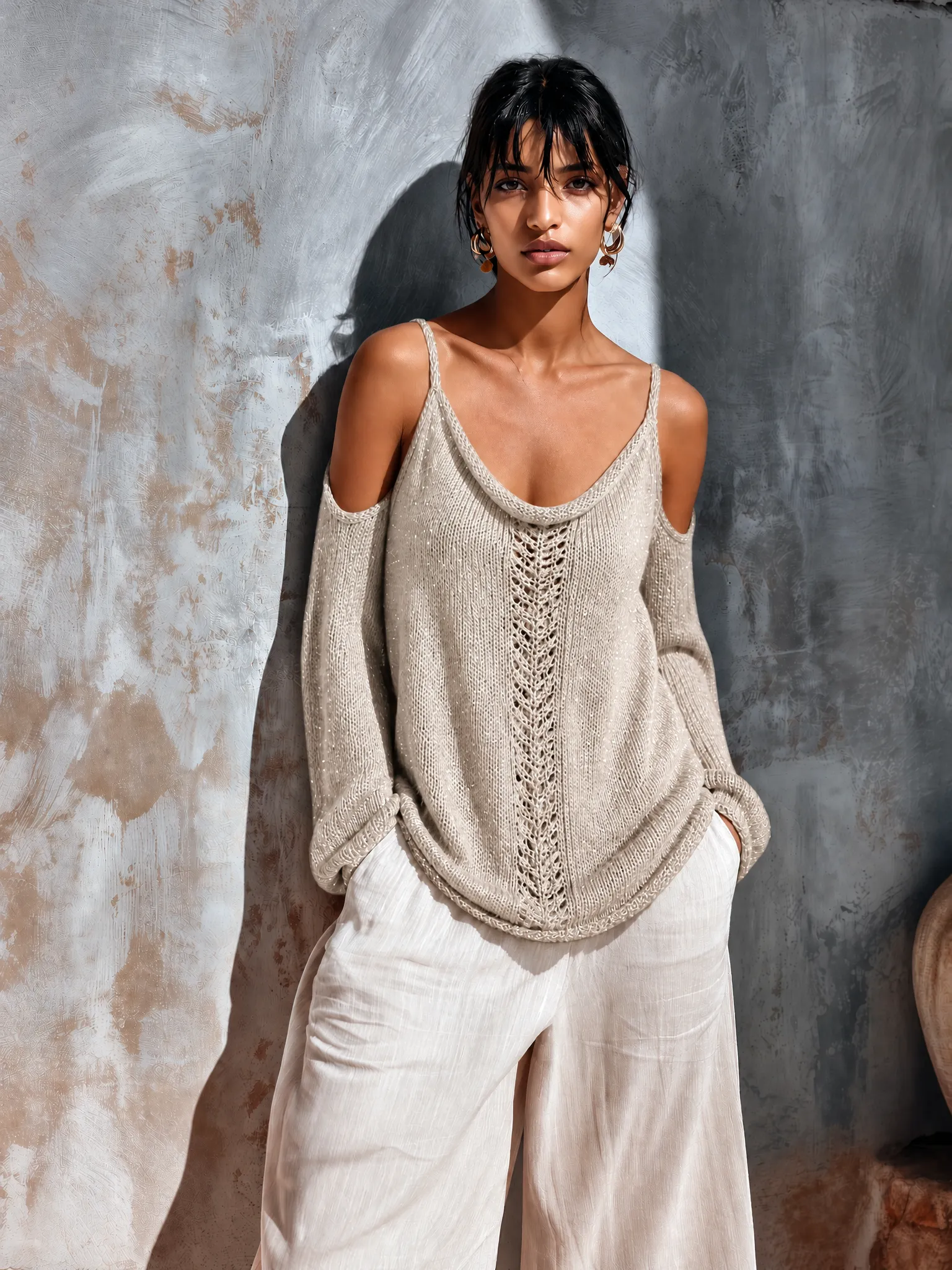 ElevenOra Chic Casual Oatmeal Spaghetti Strap Cold Shoulder Pointelle Open Long Sleeves Loose-Fit Knit Sweater Top