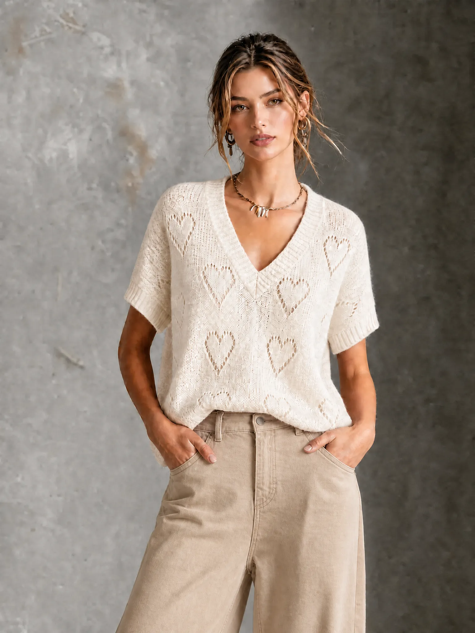 ElevenOra Chic Casual White V-Neck Heart Pointelle Ope Short-Sleev Loose-Fit Knit Sweater Top
