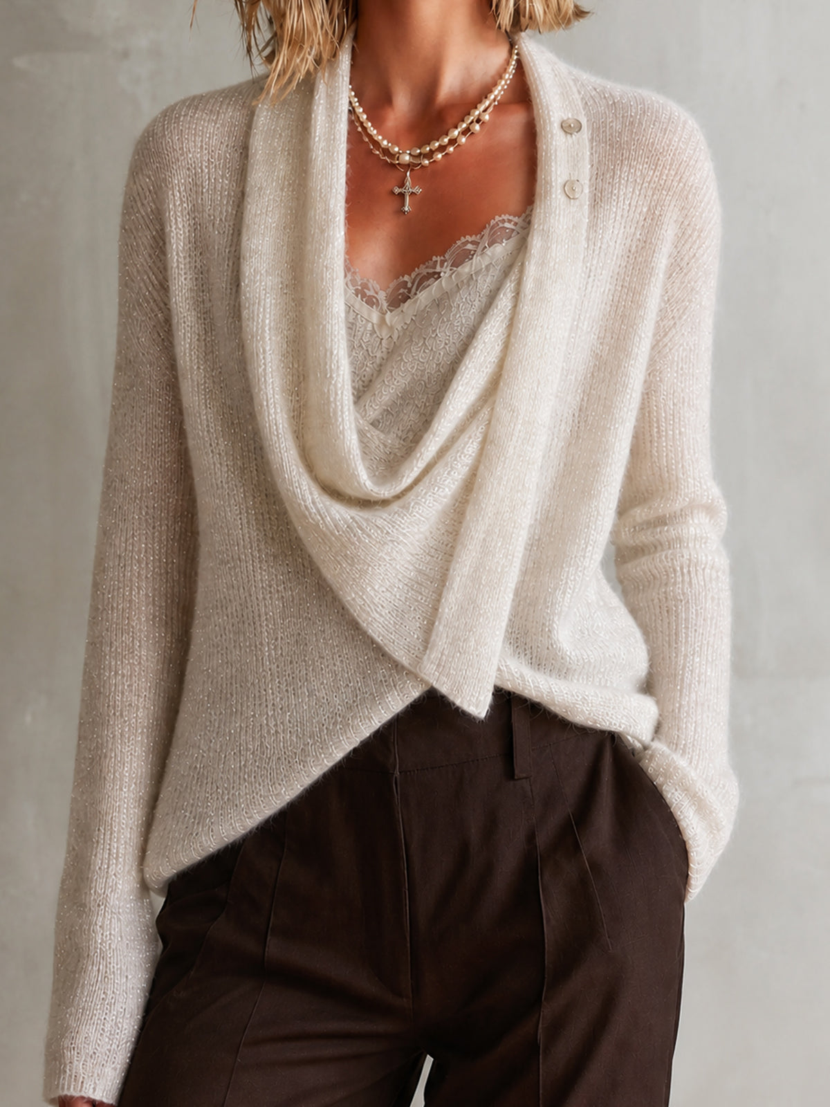 ElevenOra Chic Elegant White-Gold Melange Asymmetry Cowl Neck Button Detail Long-Sleeve Loose-Fit Button Detail Knit Sweater Top