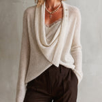 ElevenOra Chic Elegant White-Gold Melange Asymmetry Cowl Neck Button Detail Long-Sleeve Loose-Fit Button Detail Knit Sweater Top