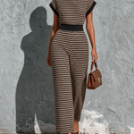 ElevenOra Chic Elegant Black-Camel Stripe Round-Neck Contrast Trim Cap Sleeveless Elastic-Waist Loose-Fit Knit Jumpsuit