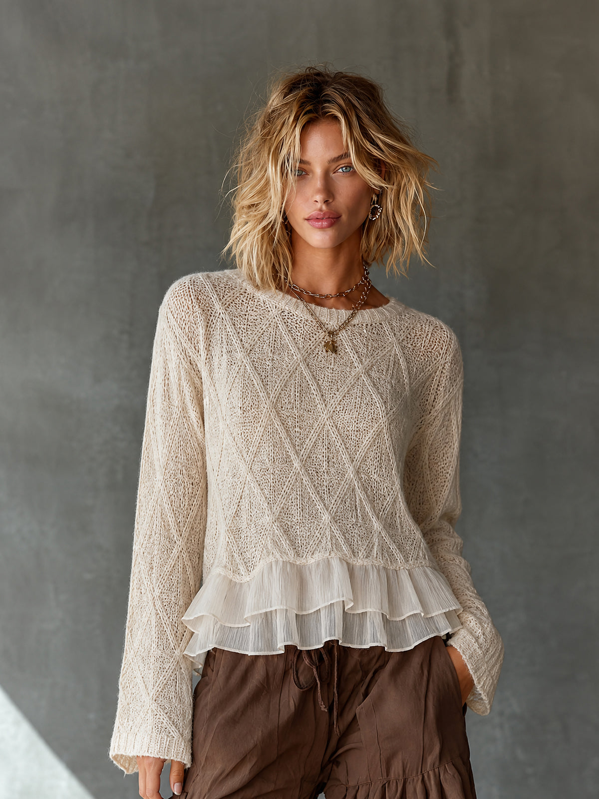 ElevenOra Chic Elegant Cream Round Neck Argly Pattern Chiffon Patchwork Ruffle Hem Long-Sleeve Loose-Fit Knit Sweater Top