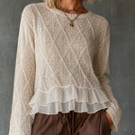 ElevenOra Chic Elegant Cream Round Neck Argly Pattern Chiffon Patchwork Ruffle Hem Long-Sleeve Loose-Fit Knit Sweater Top