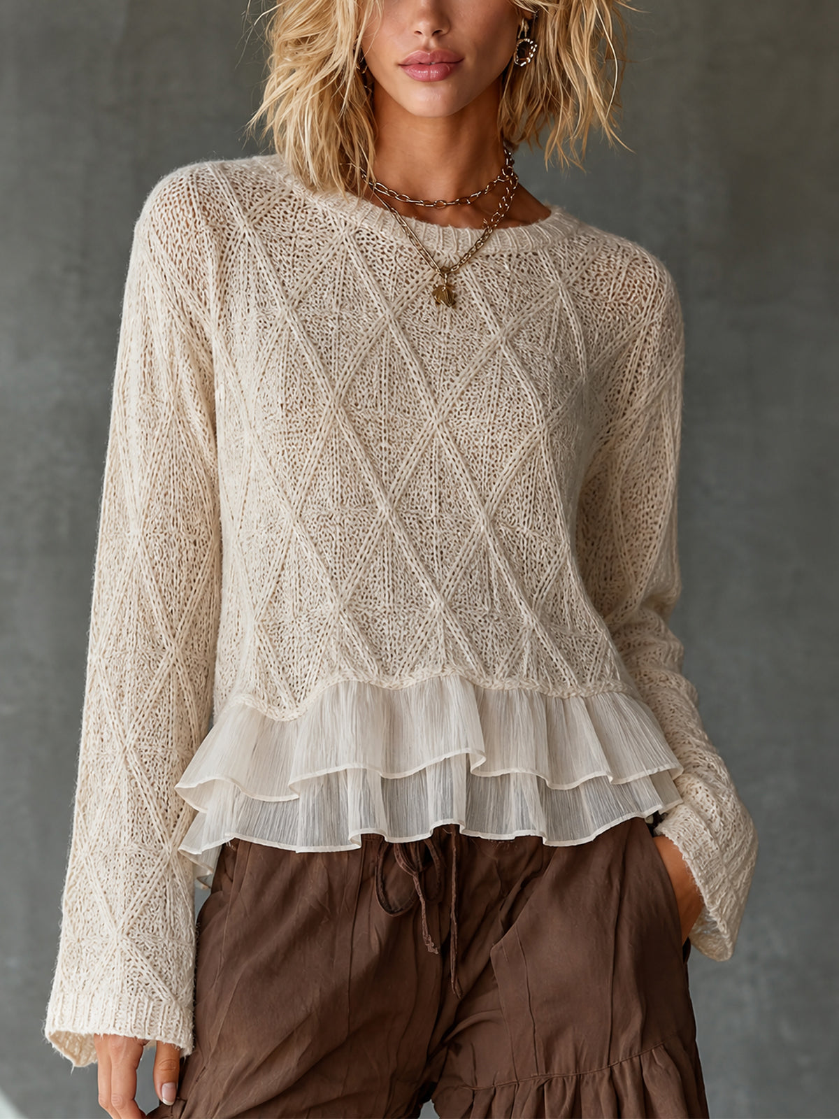 ElevenOra Chic Elegant Cream Round Neck Argly Pattern Chiffon Patchwork Ruffle Hem Long-Sleeve Loose-Fit Knit Sweater Top