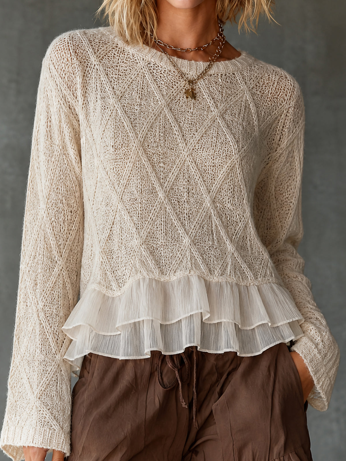 ElevenOra Chic Elegant Cream Round Neck Argly Pattern Chiffon Patchwork Ruffle Hem Long-Sleeve Loose-Fit Knit Sweater Top