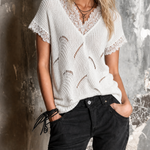 ElevenOra Chic Casual White V-Neck Lace Trim Wave Pointelle Open Short Sleeve Loose-Fit Knit Sweater Top