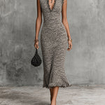 ElevenOra Chic Marled Grey Stand Collar V-Neck Tassel Detail Sleeveless Slim-Fit Knit Midi Dress