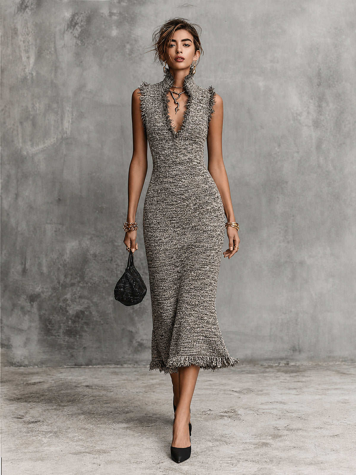ElevenOra Chic Marled Grey Stand Collar V-Neck Tassel Detail Sleeveless Slim-Fit Knit Midi Dress