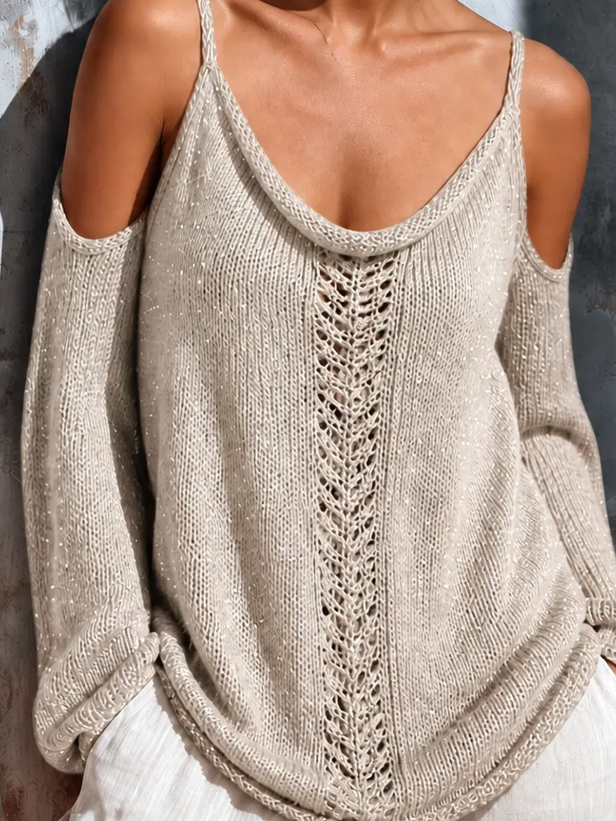 ElevenOra Chic Casual Oatmeal Spaghetti Strap Cold Shoulder Pointelle Open Long Sleeves Loose-Fit Knit Sweater Top