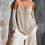 ElevenOra Chic Casual Oatmeal Spaghetti Strap Cold Shoulder Pointelle Open Long Sleeves Loose-Fit Knit Sweater Top