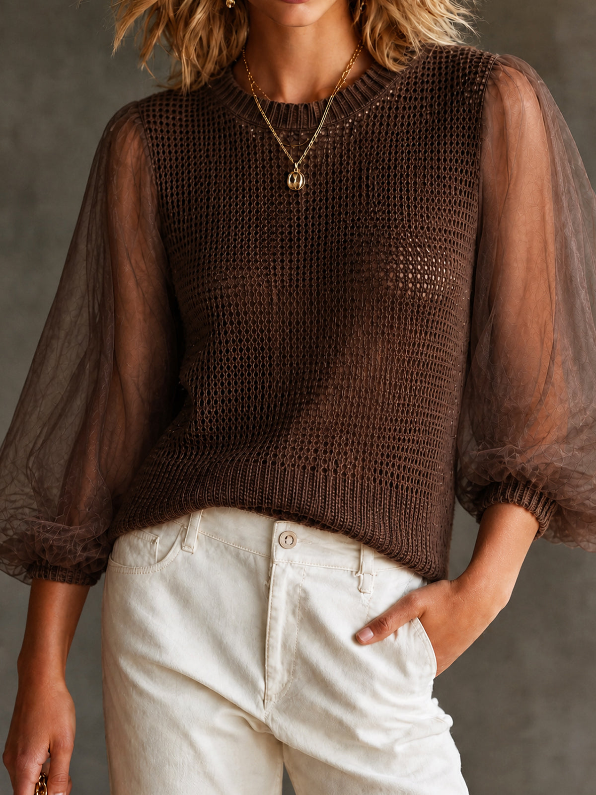 ElevenOra Chic Casual Brown Round Neck Patchwork Organza Three-Quarter Puff Sleeve Loose-Fit Knit Sweater Top