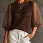 ElevenOra Chic Casual Brown Round Neck Patchwork Organza Three-Quarter Puff Sleeve Loose-Fit Knit Sweater Top