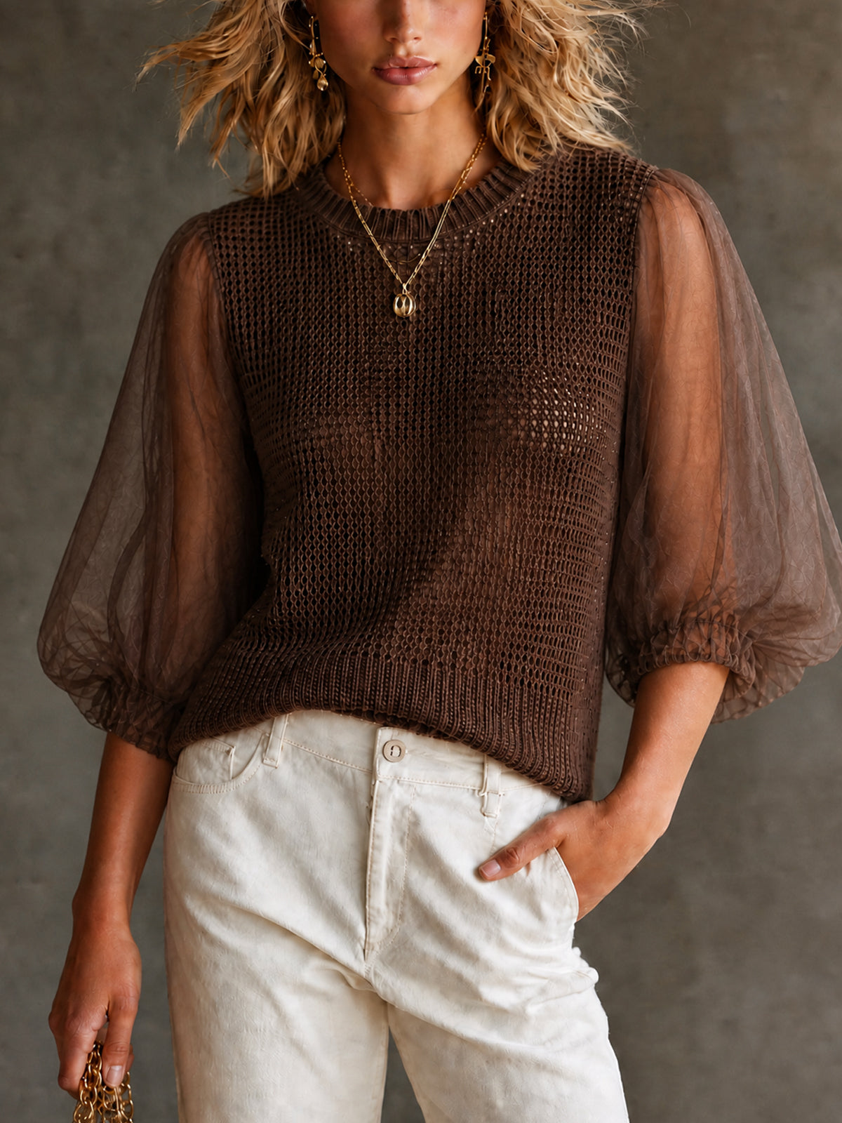 ElevenOra Chic Casual Brown Round Neck Patchwork Organza Three-Quarter Puff Sleeve Loose-Fit Knit Sweater Top