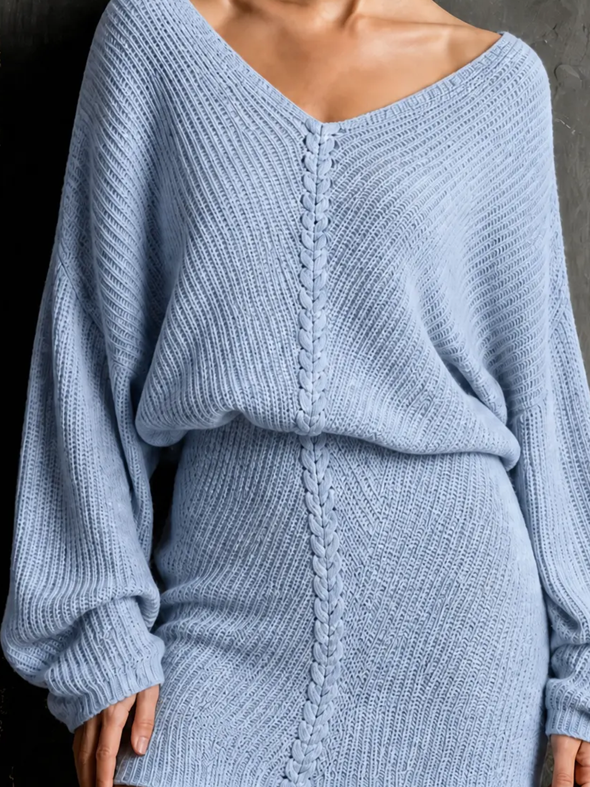ElevenOra Chic Elegant Blue V Neck Long Sleeve Loose-Fit Cable Detail Knit Mini Dress